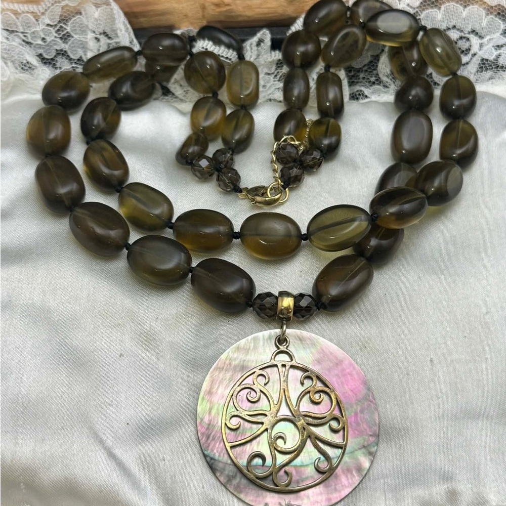LUCAS LAMETH SMOKEY TOPAZ GLASS STERLING DOUBLE STRAND HANDKNOTTED NECKLACE